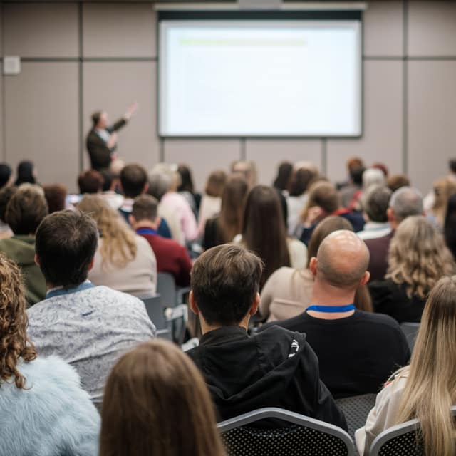 An audience seated facing a speaker and presentation screen at a conference