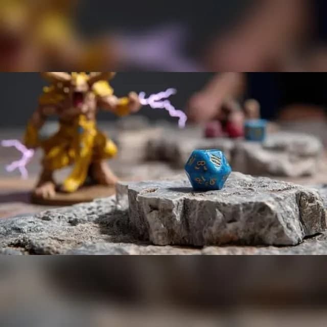 A blue twenty-sided die and a painted miniature on a rocky tabletop battlefield